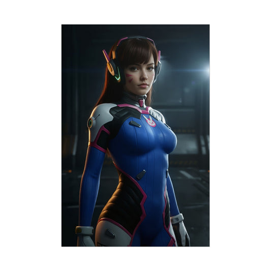 D.Va Poster, Overwatch Art Print – Iconic Esports Heroine Wall Art featuring D.Va in blue suit for gamer room and streaming setup