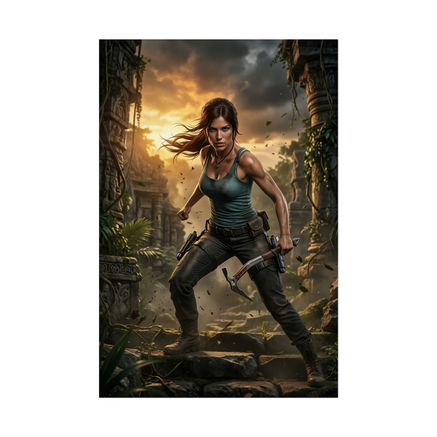 Lara Croft Poster Tomb Raider Wall Art Print Jungle Explorer Decor - cinematic close-up of Lara in ancient jungle ruins