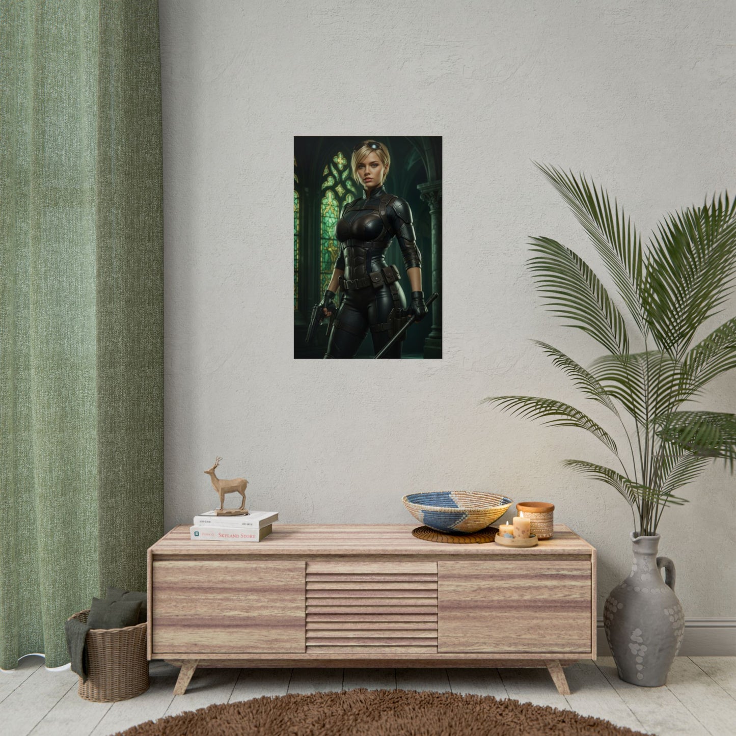 Cassie Cage Poster – Modern Fighting Game Heroine Wall Art for Gamer Decor hanging in minimalist gaming room with bold heroine portrait
