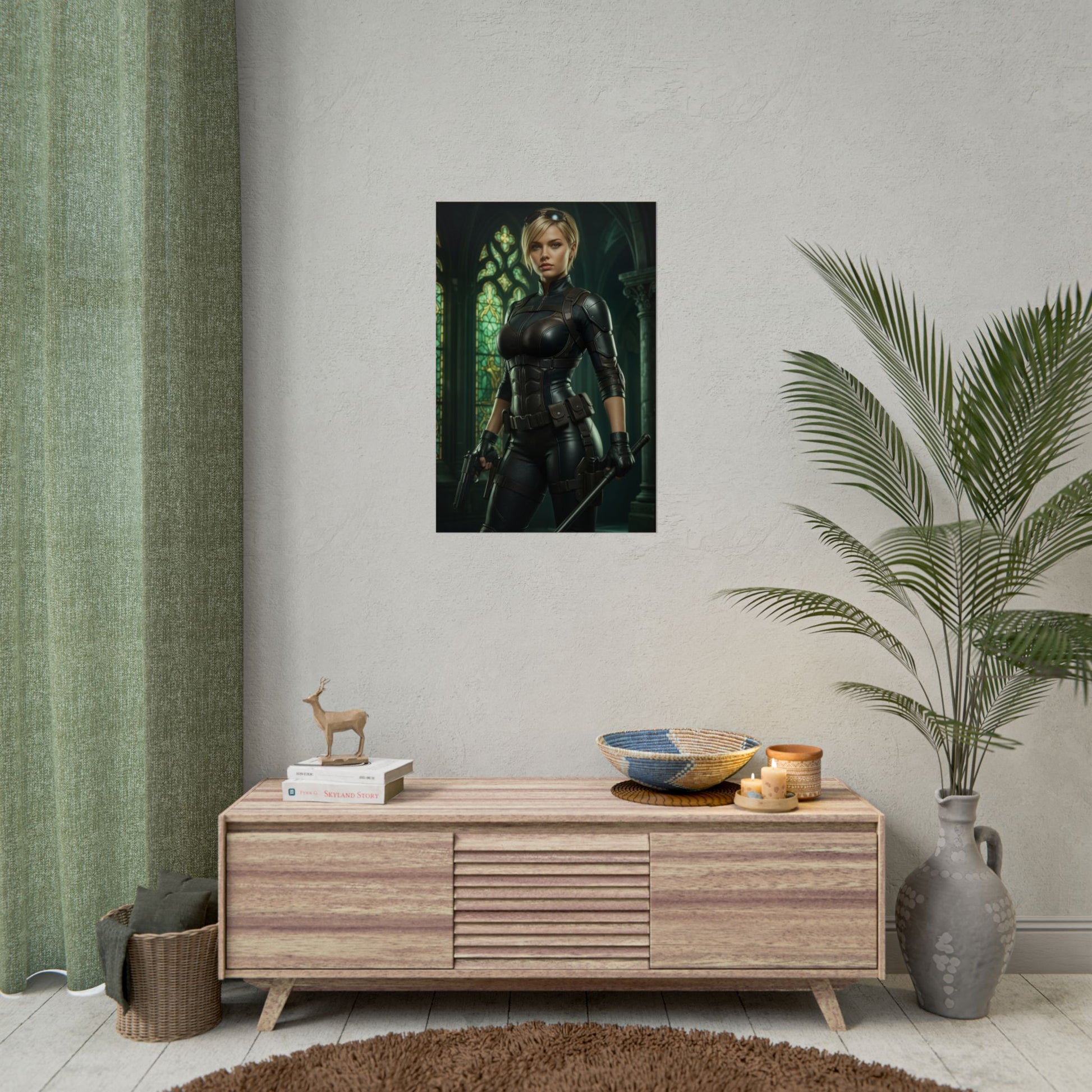 Cassie Cage Poster – Modern Fighting Game Heroine Wall Art for Gamer Decor hanging in minimalist gaming room with bold heroine portrait