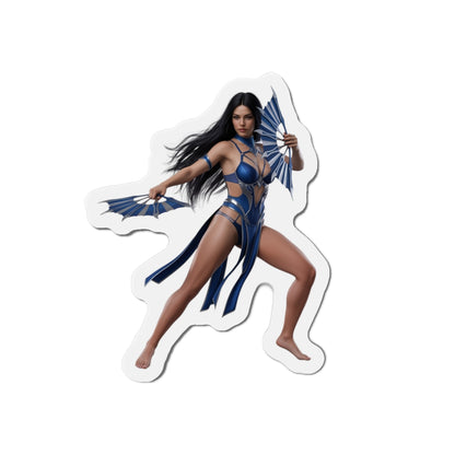 Kitana Magnet – Mortal Kombat Heroine Fridge Magnet, Anime Style Decor vinyl die-cut magnet showing Kitana in blue outfit with fans for fridge or gaming setup