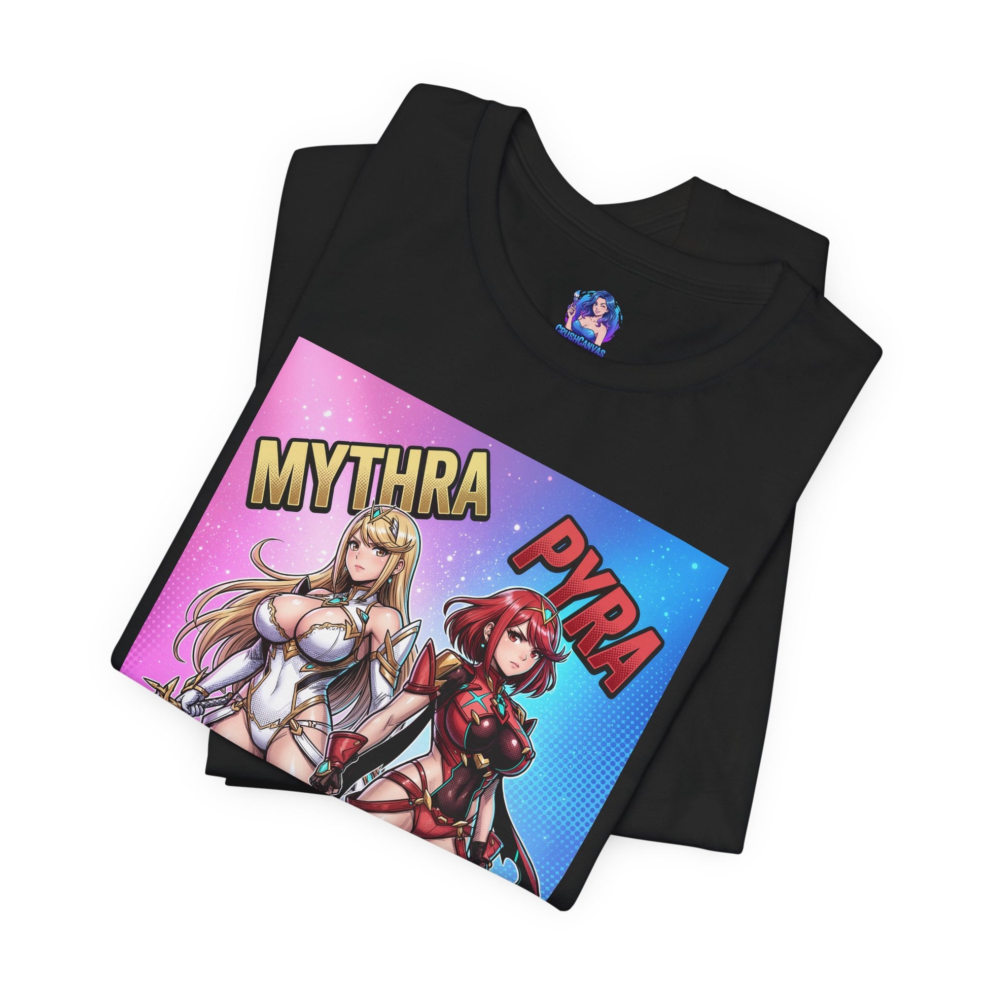 Mythra and Pyra T-Shirt | Anime Tee for Gamers black Bella Canvas tee with side-by-side Mythra and Pyra anime illustration