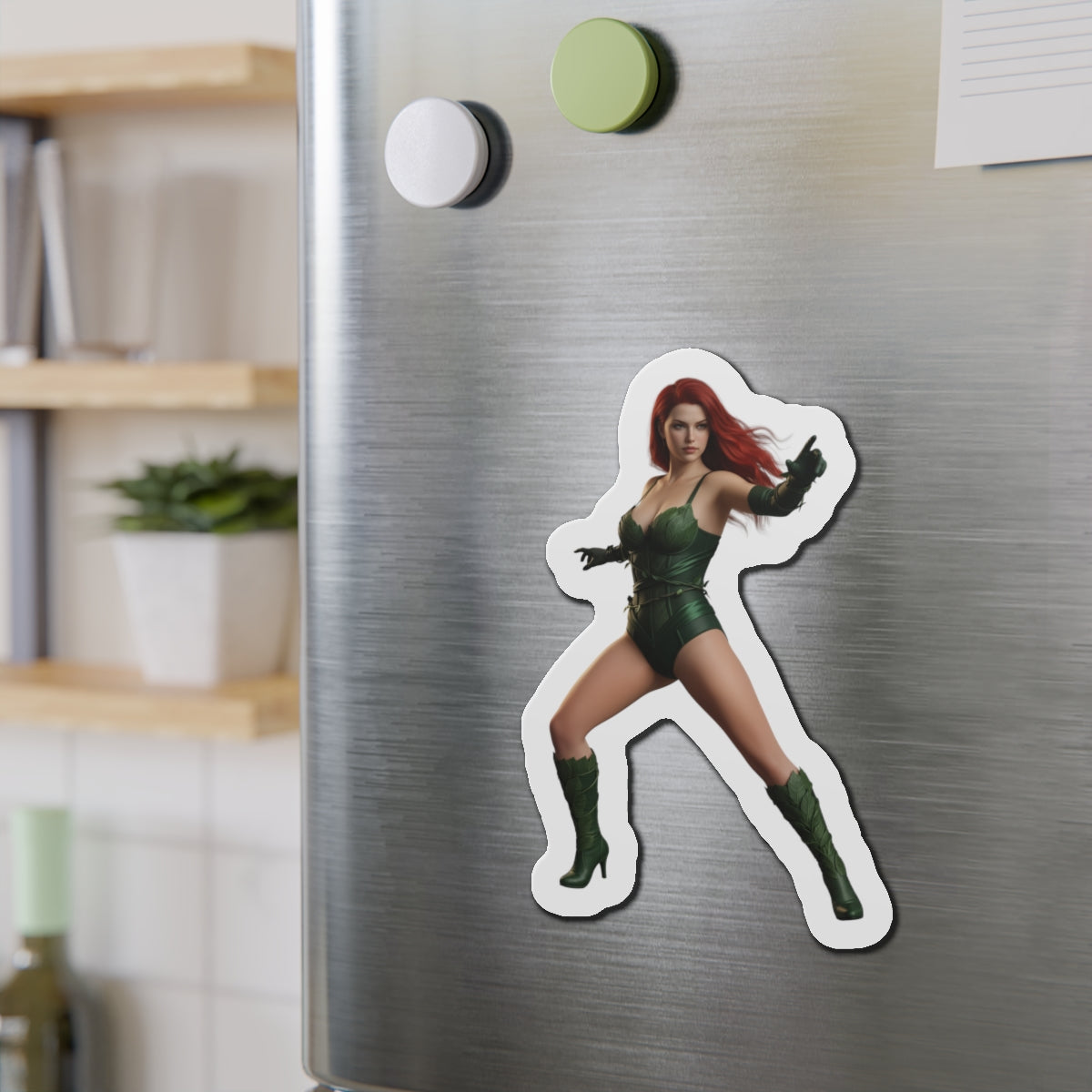 Poison Ivy Magnet – DC Comic Villain Fridge Magnet, Anime Style Decor - die-cut vinyl fridge magnet showing anime-style Poison Ivy on stainless fridge