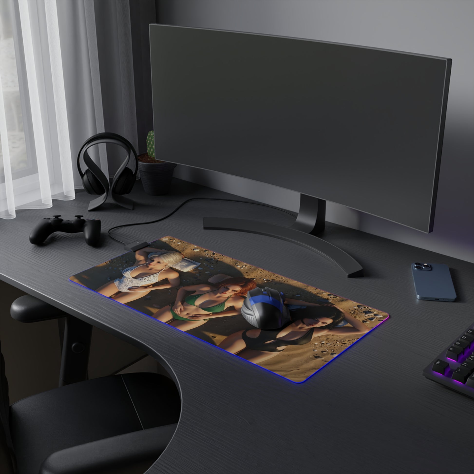 Ciri, Triss Merigold & Yennefer Desk Mat – LED RGB Pad showing trio sorceresses artwork on a RGB-lit gaming desk mat