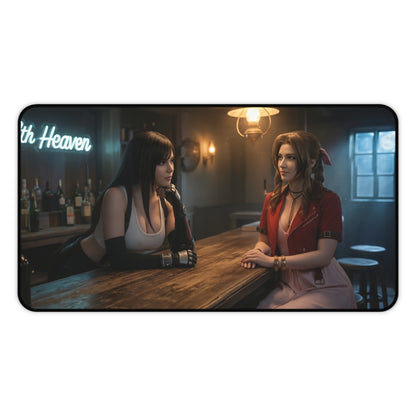 Tifa and Aerith Gaming Mouse Pad, Final Fantasy Desk Mat, RPG Heroine Setup featuring vivid artwork of Tifa and Aerith at a bar