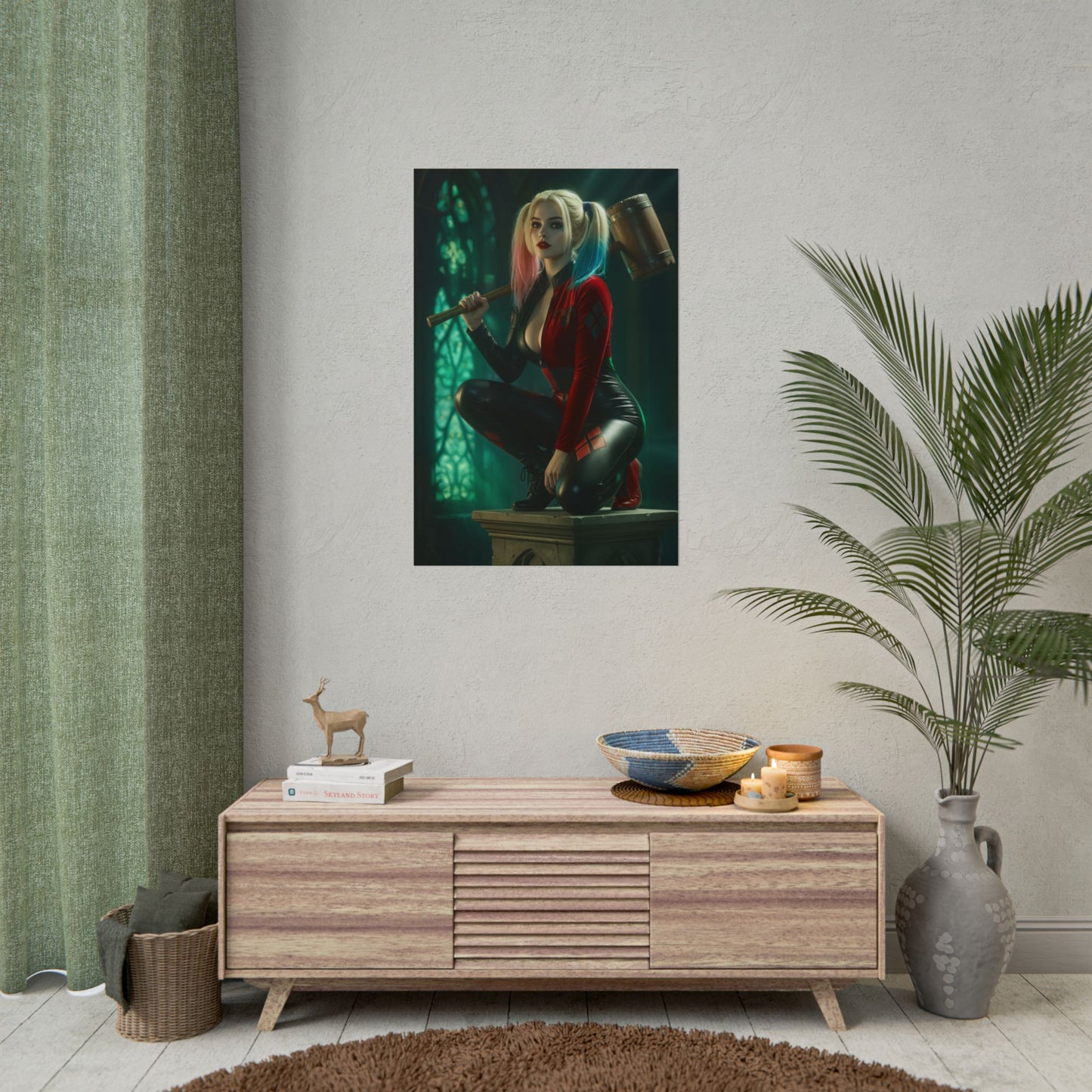 Harley Quinn Poster – Iconic Comic Heroine Wall Art for Gamer Decor showing vibrant comic-style Harley Quinn in gaming room display