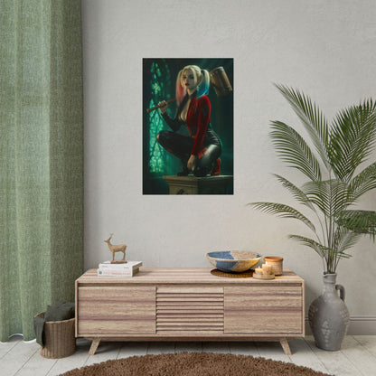 Harley Quinn Poster – Iconic Comic Heroine Wall Art for Gamer Decor showing vibrant comic-style Harley Quinn in gaming room display