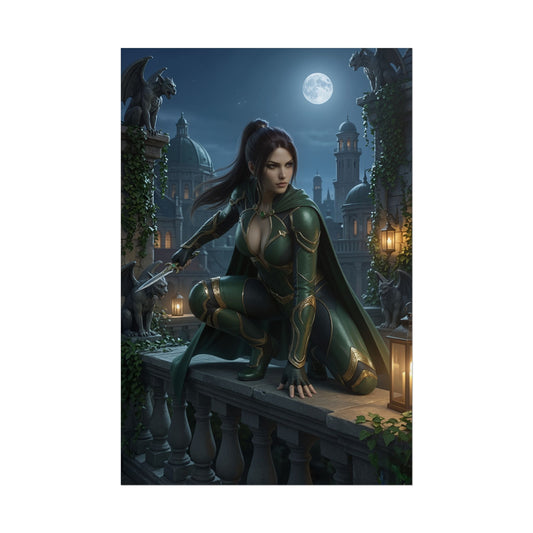 Talia al Ghul Poster, DC Comics Art Print – Assassin Wall Art dark rooftop scene of female assassin in green armor with dagger under moonlight