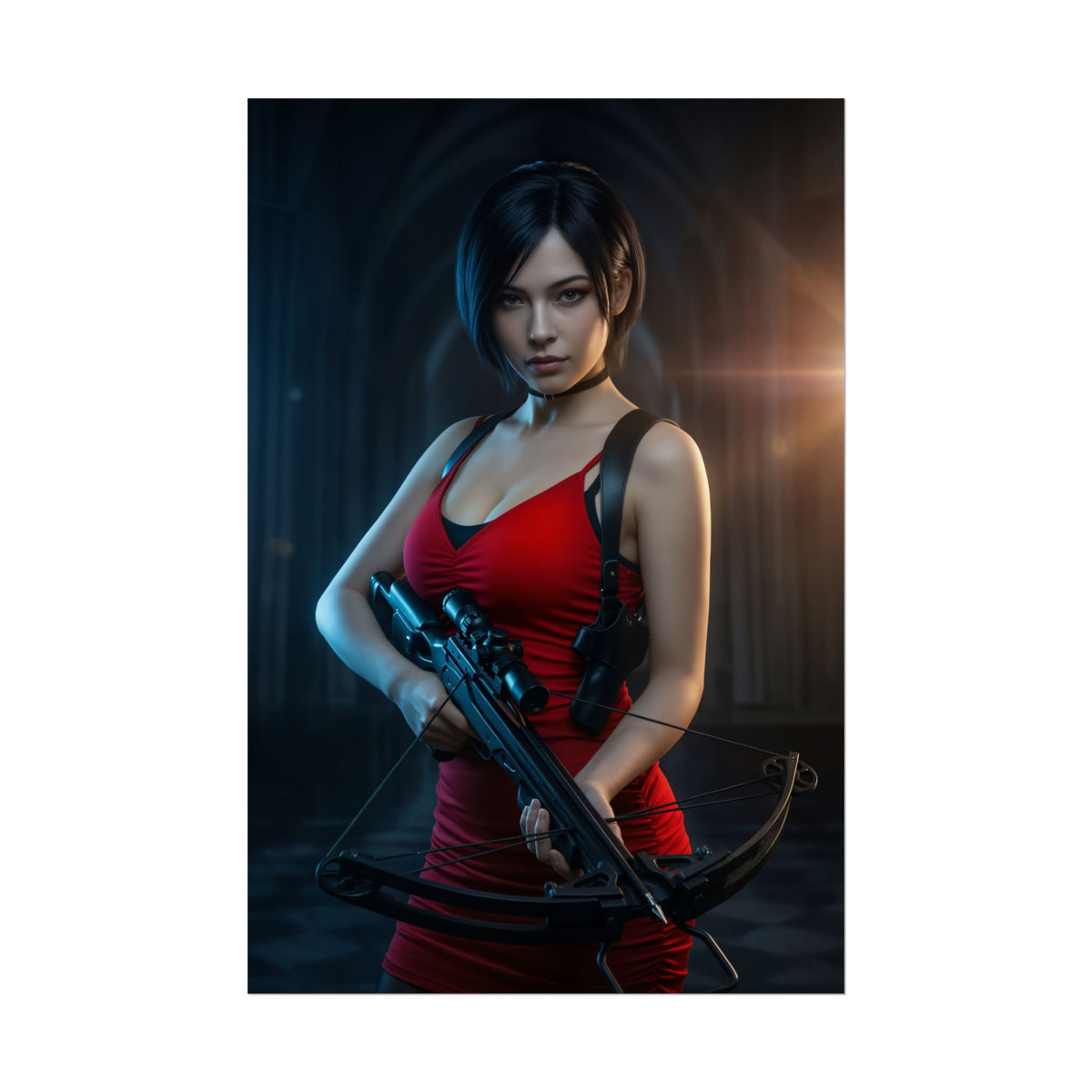 Ada Wong Poster, Resident Evil Art Print  Classic Action Game Wall Art showing Ada Wong in red dress holding a crossbow for gamer room decor