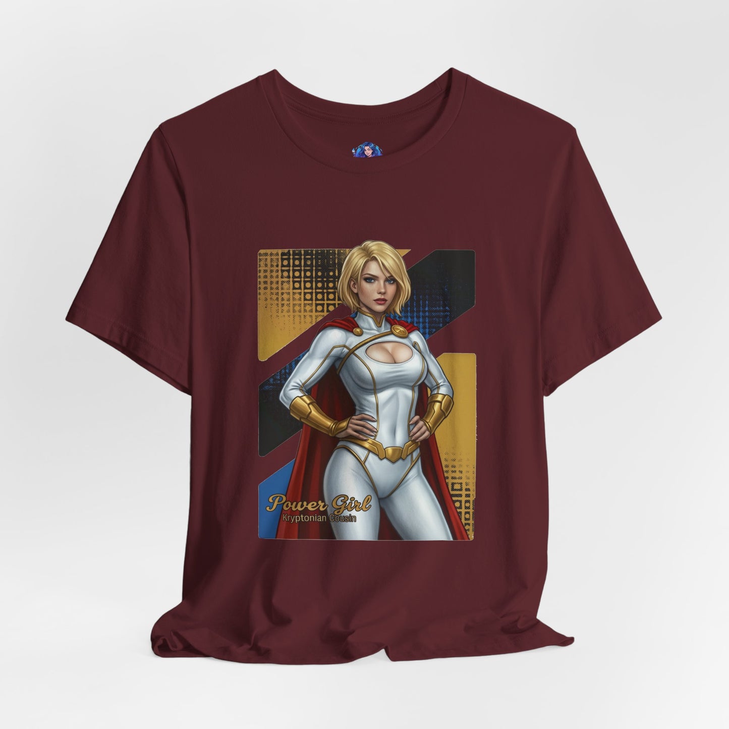 Power Girl T-Shirt | DC Comics Anime Tee for Gamers & Hero Fans - maroon Bella Canvas tee with anime-style Power Girl illustration