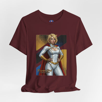 Power Girl T-Shirt | DC Comics Anime Tee for Gamers & Hero Fans - maroon Bella Canvas tee with anime-style Power Girl illustration