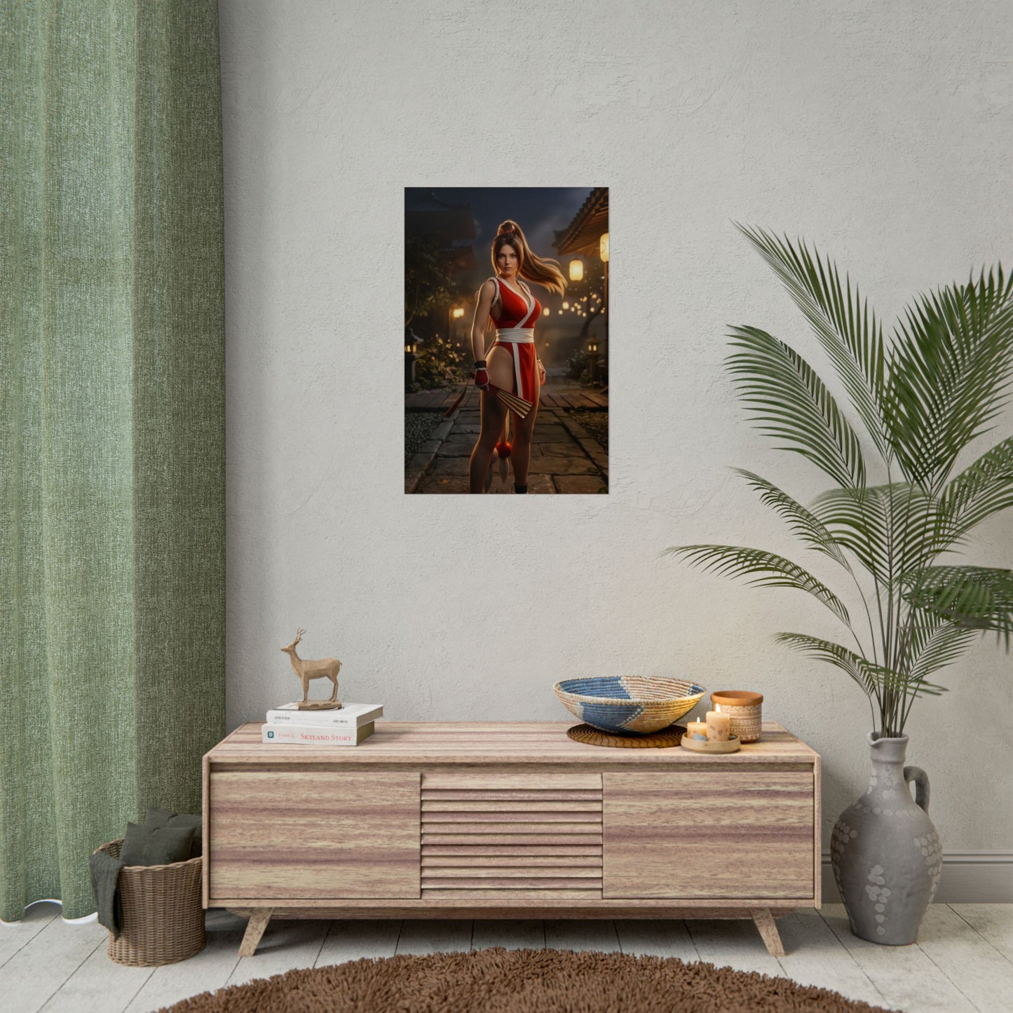 Mai Shiranui Poster Fatal Fury Wall Art Print Gaming Room Decor featuring Mai Shiranui in warm-lit traditional lantern scene with signature fan