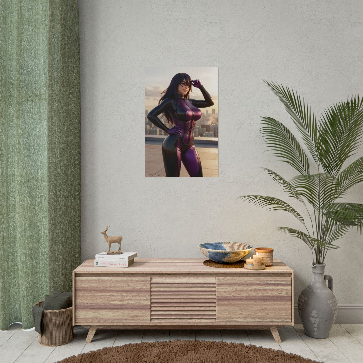 Midnight Poster, My Hero Academia Wall Art Print – Anime Decor showing purple-clad heroine poster above media console for gamer and anime room