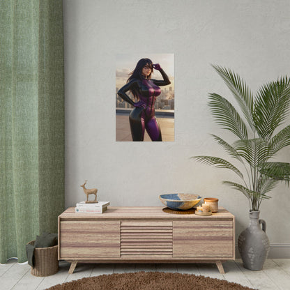 Midnight Poster, My Hero Academia Wall Art Print – Anime Decor showing purple-clad heroine poster above media console for gamer and anime room