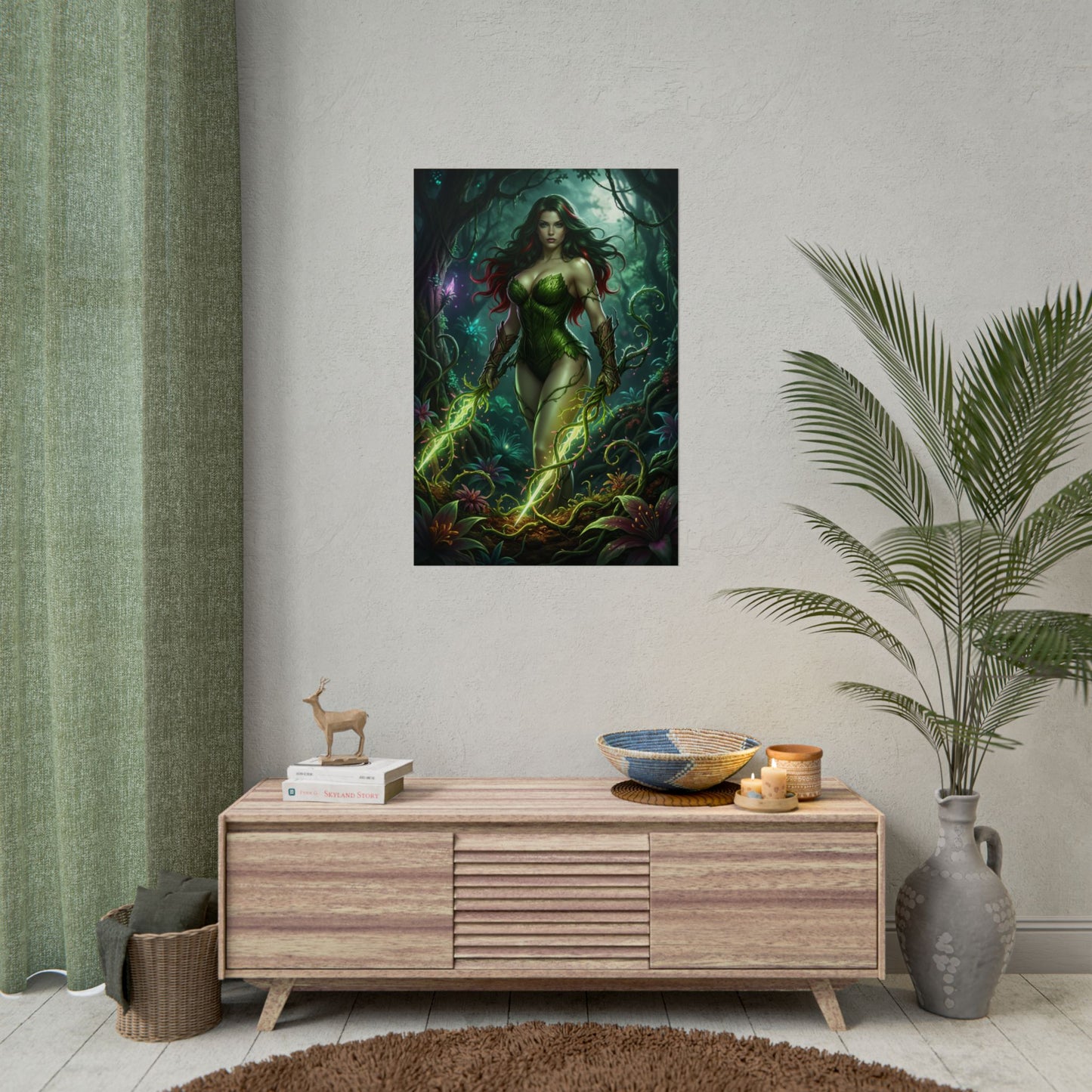 Poison Ivy Poster, DC Art Print – Iconic Comic Villain Heroine Wall Art showing vibrant green botanical-themed character art in a modern room