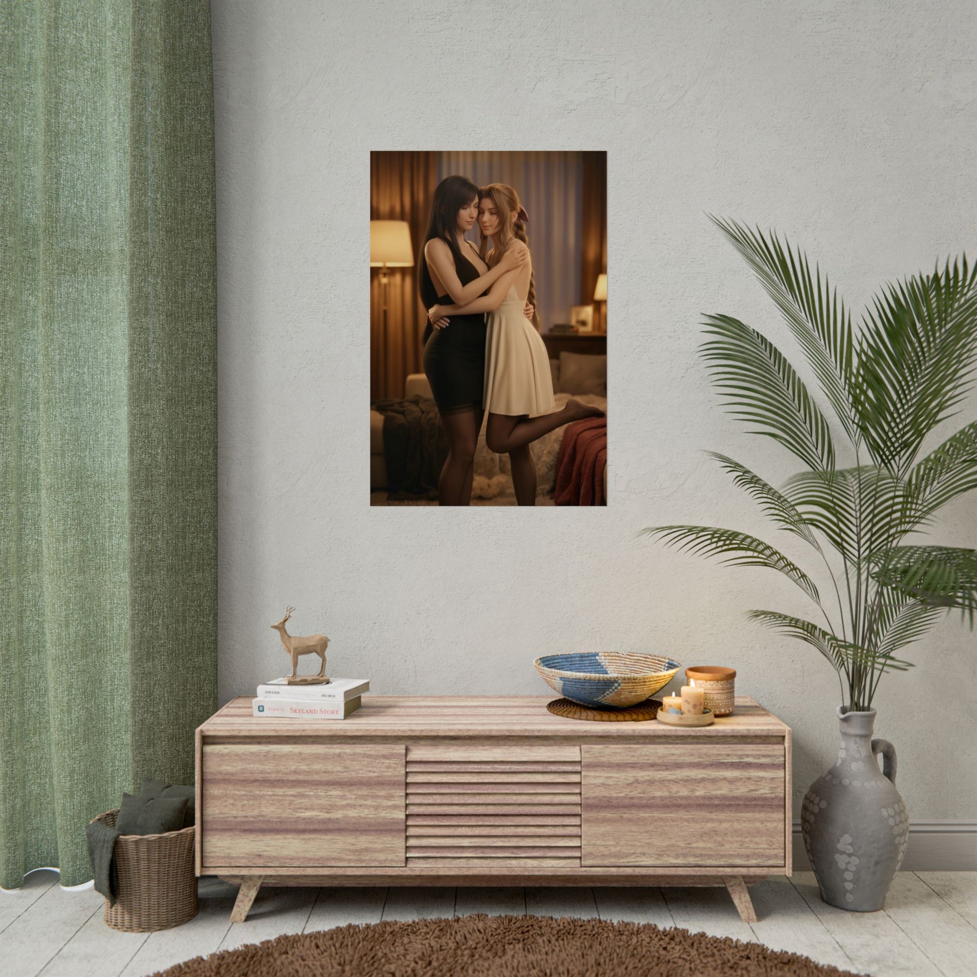 Tifa Aerith Poster, Final Fantasy VII Art Print – RPG Heroines Wall Art showing two heroines embracing in a cozy gamer room decor print