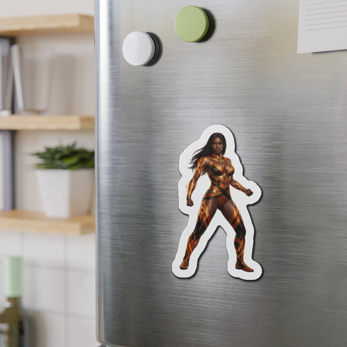 Vixen Magnet – DC Comic Heroine Fridge Magnet, Anime Style Decor on stainless fridge showing die-cut vinyl Vixen anime-style heroine magnet