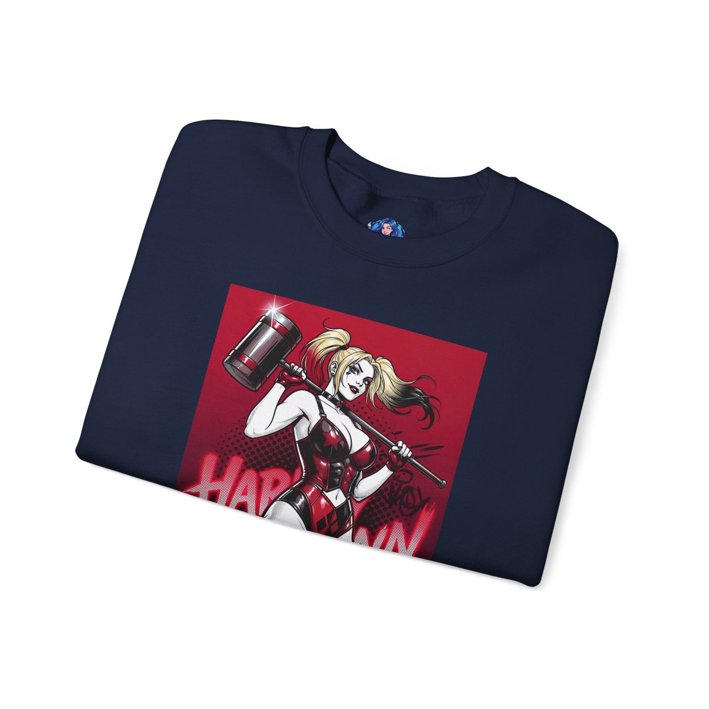 Harley Quinn Sweatshirt, DC Comics Pop Art Style, Premium Fan Apparel — navy crewneck with anime-inspired Harley holding oversized hammer