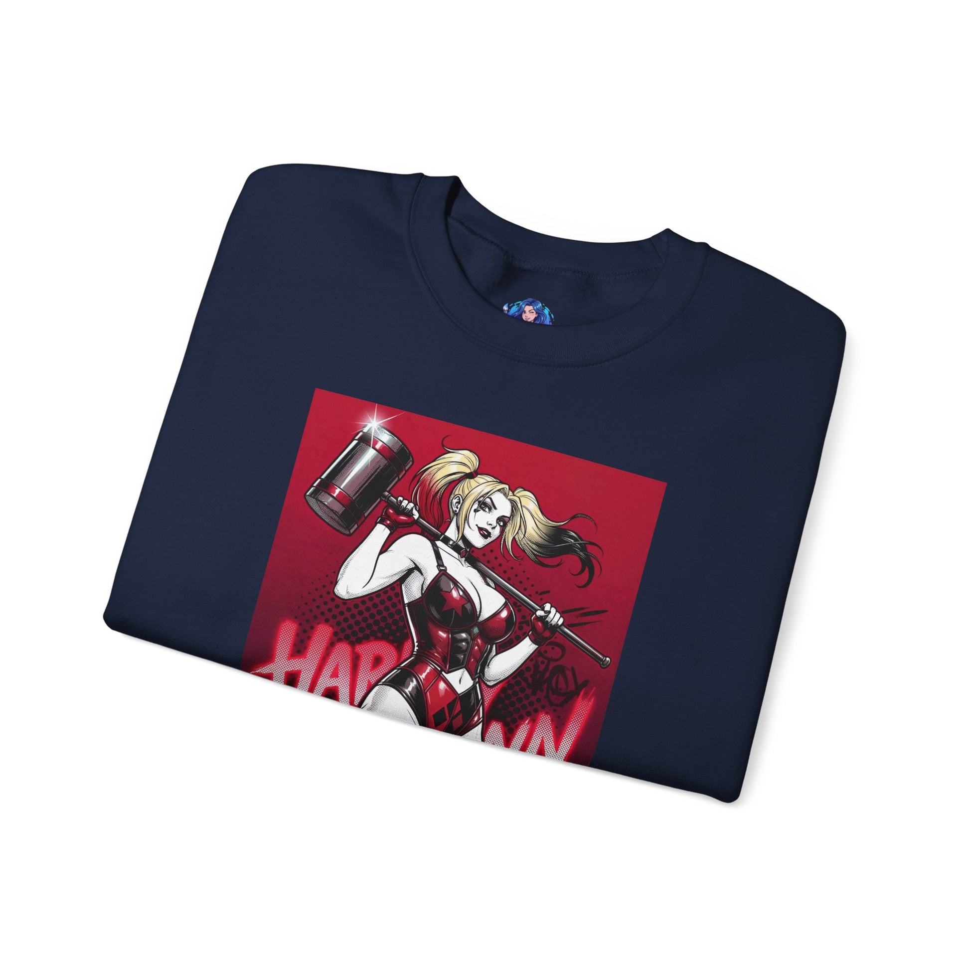 Harley Quinn Sweatshirt, DC Comics Pop Art Style, Premium Fan Apparel — navy crewneck with anime-inspired Harley holding oversized hammer