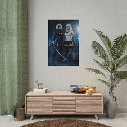 A2 and 2B Poster, NieR Automata Art Print – Iconic Android Duo Wall Art on modern gamer room wall