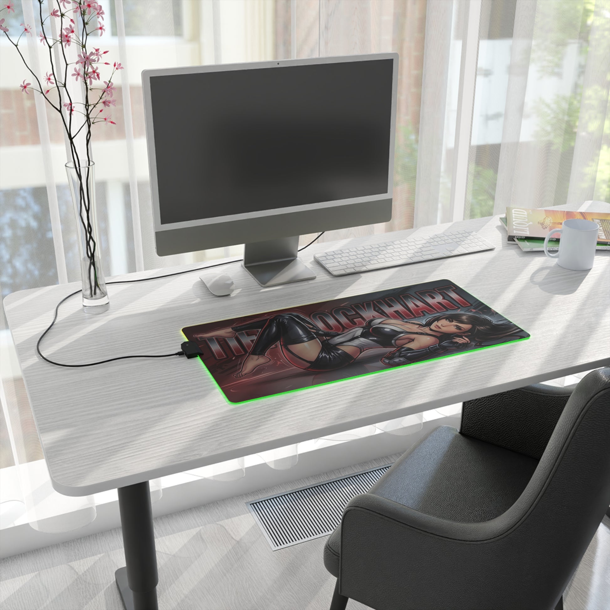 Tifa Lockhart RGB Desk Mat, Final Fantasy Gaming Mouse Pad, LED Desk Mat for Gamer Setup on a bright white desk with green LED glow