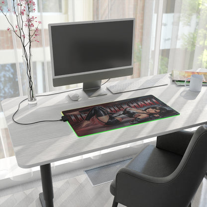 Tifa Lockhart RGB Desk Mat, Final Fantasy Gaming Mouse Pad, LED Desk Mat for Gamer Setup on a bright white desk with green LED glow