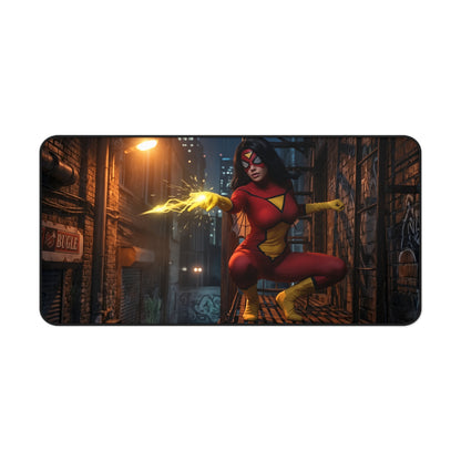 Spider-Woman Gaming Mouse Pad, Superhero Desk Mat, Comic Heroine Desk Setup — dynamic urban vigilante artwork, smooth glide gaming desk mat