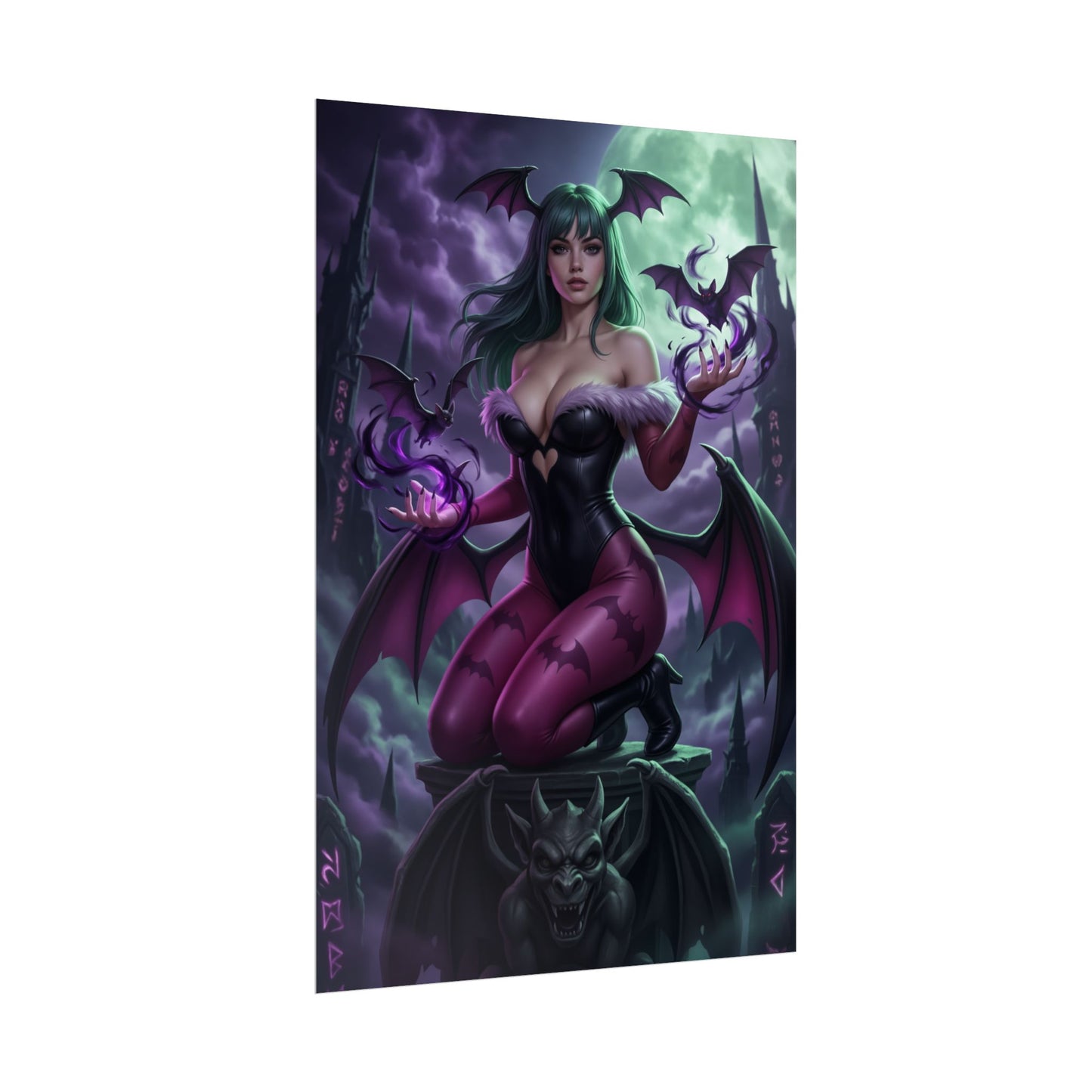 Morrigan Aensland Poster, Darkstalkers Art Print, Iconic Gothic Character - vibrant gothic gaming art print with Morrigan in bat-wing costume