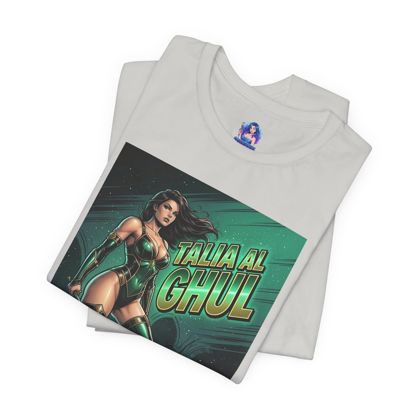 Talia al Ghul T-Shirt | DC Comics Anime Tee for Gamers & Fans - white Bella Canvas tee with emerald comic illustration of Talia al Ghul