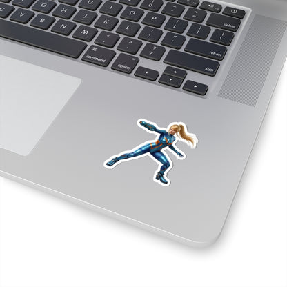 Samus Aran Sticker – Futuristic Game Vinyl Sticker for Laptops & Indoor Decor: glossy durable vinyl laptop sticker showing Samus Aran in blue suit on silver laptop