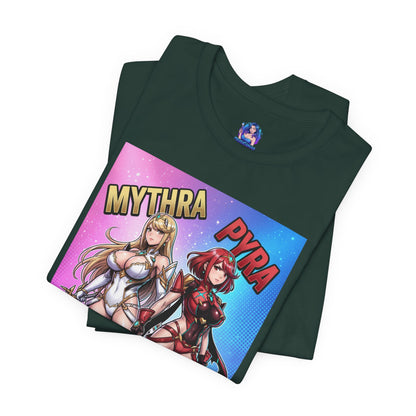 Mythra and Pyra T-Shirt | Anime Tee for Gamers showing folded Bella Canvas tee with Mythra and Pyra side-by-side artwork