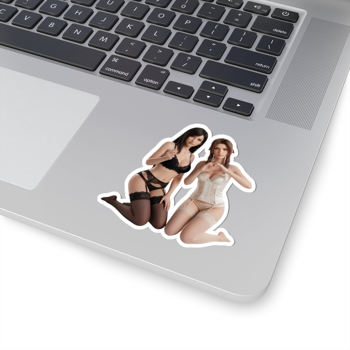 Tifa and Aerith Sticker – Fantasy Game Vinyl Sticker for Laptops & Indoor Decor: glossy die-cut sticker of two fantasy heroines on a silver laptop