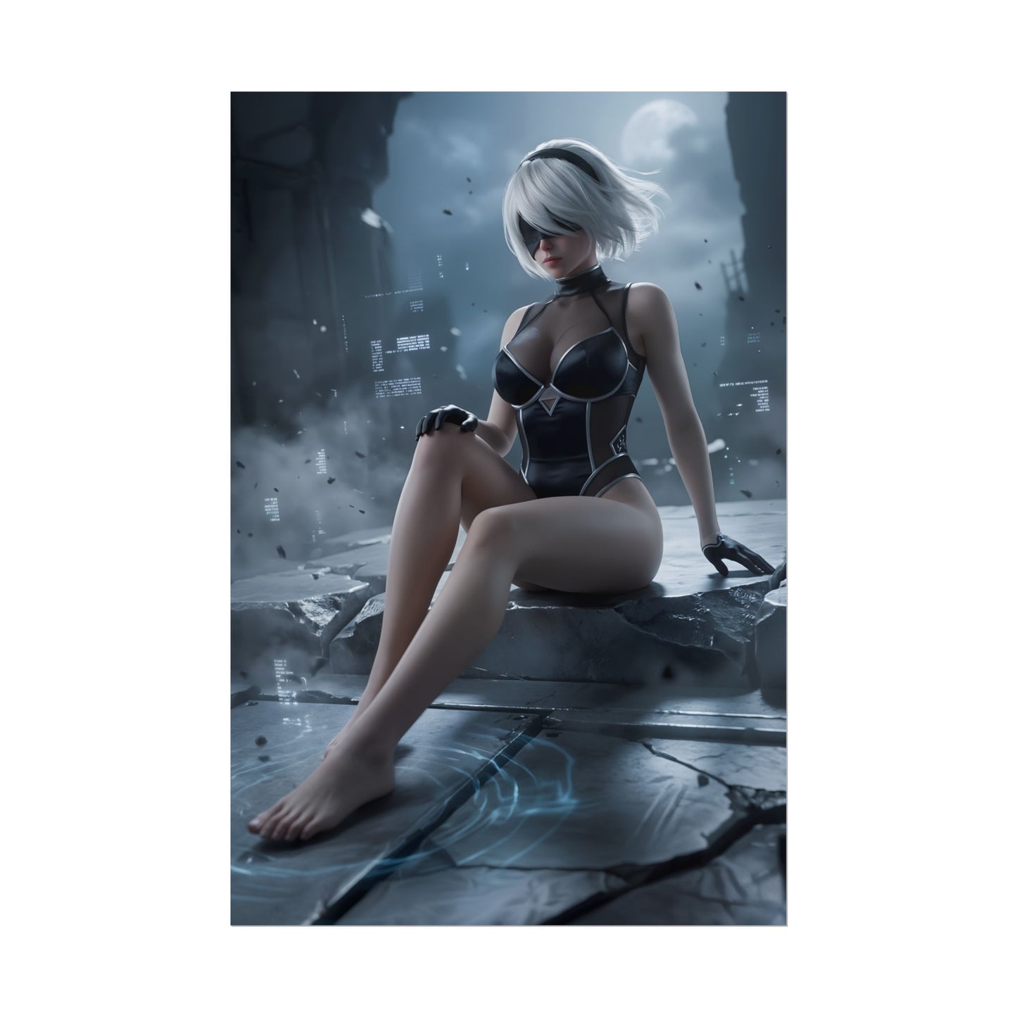 2B Poster / 2B Wall Art / 2B Art Print / NieR Automata Poster featuring 2B seated amid digital ruins, moody lighting and floating data fragments