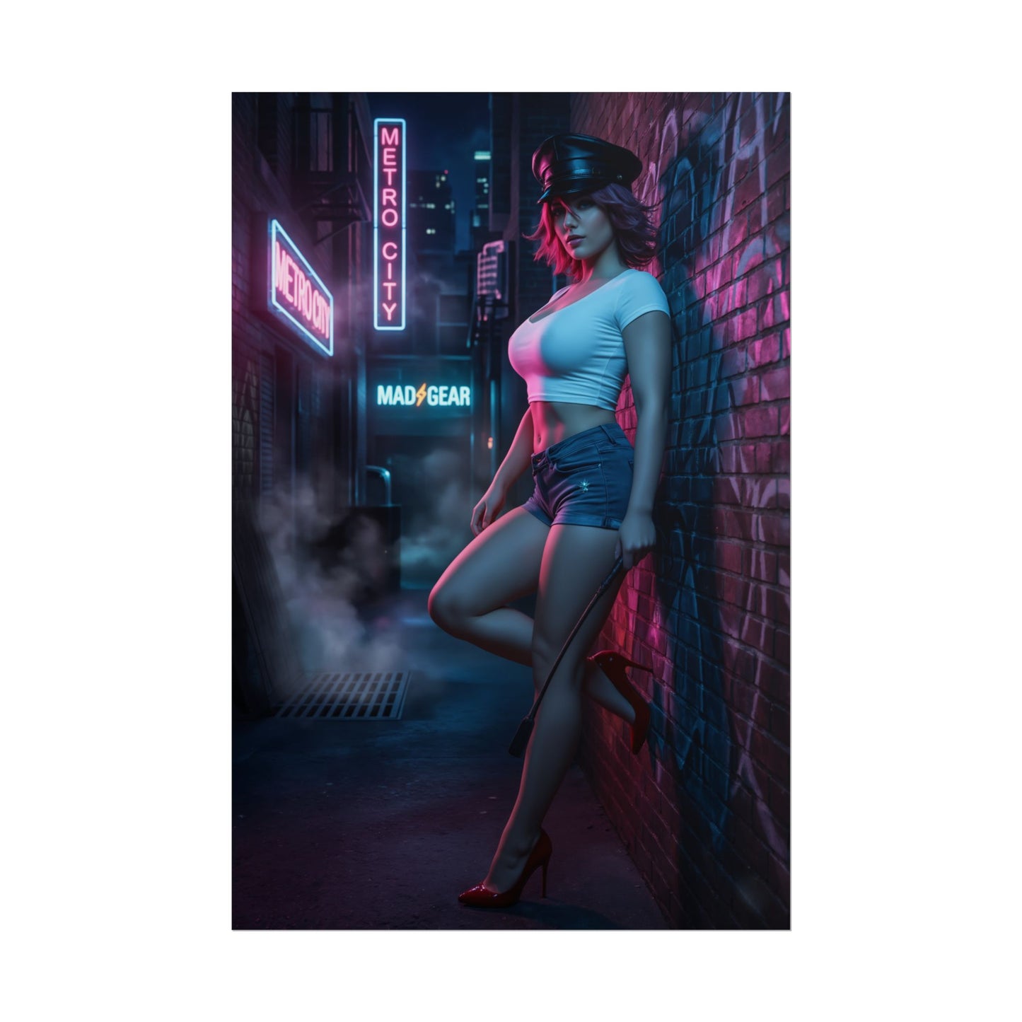 Poison Street Fighter Poster – Iconic Fighting Game Heroine Wall Art, neon city alley cosplay print
