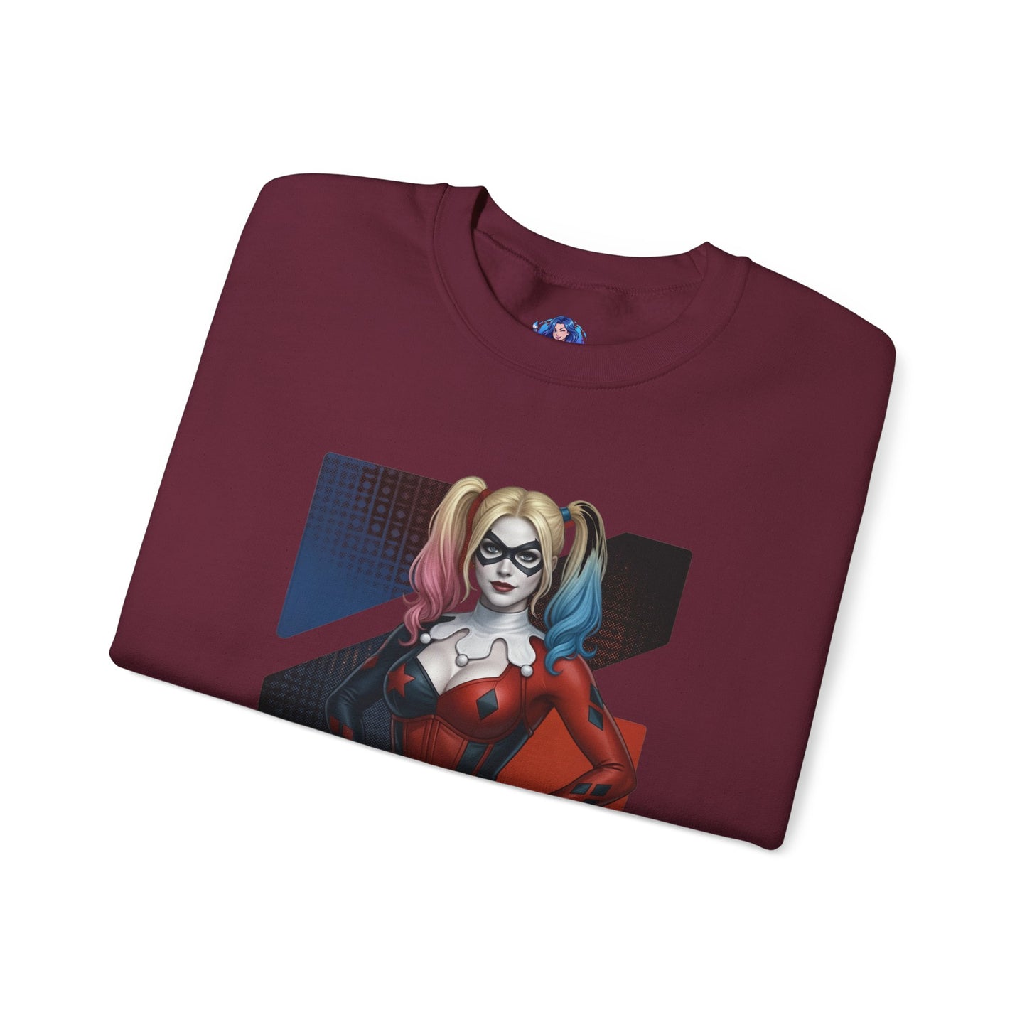 Harley Quinn Sweatshirt, DC Comics Crewneck, Iconic Comic Apparel for Fans featuring red-and-black Harley Quinn artwork on a burgundy crewneck