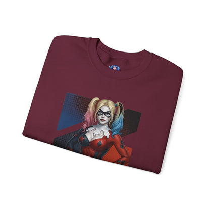 Harley Quinn Sweatshirt, DC Comics Crewneck, Iconic Comic Apparel for Fans featuring red-and-black Harley Quinn artwork on a burgundy crewneck