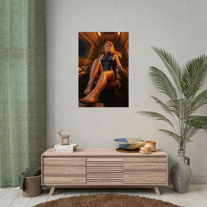 Samus Aran Poster, Sci-Fi Art Print – Iconic Space Armor Heroine - premium wall art showing armored heroine in spacecraft interior