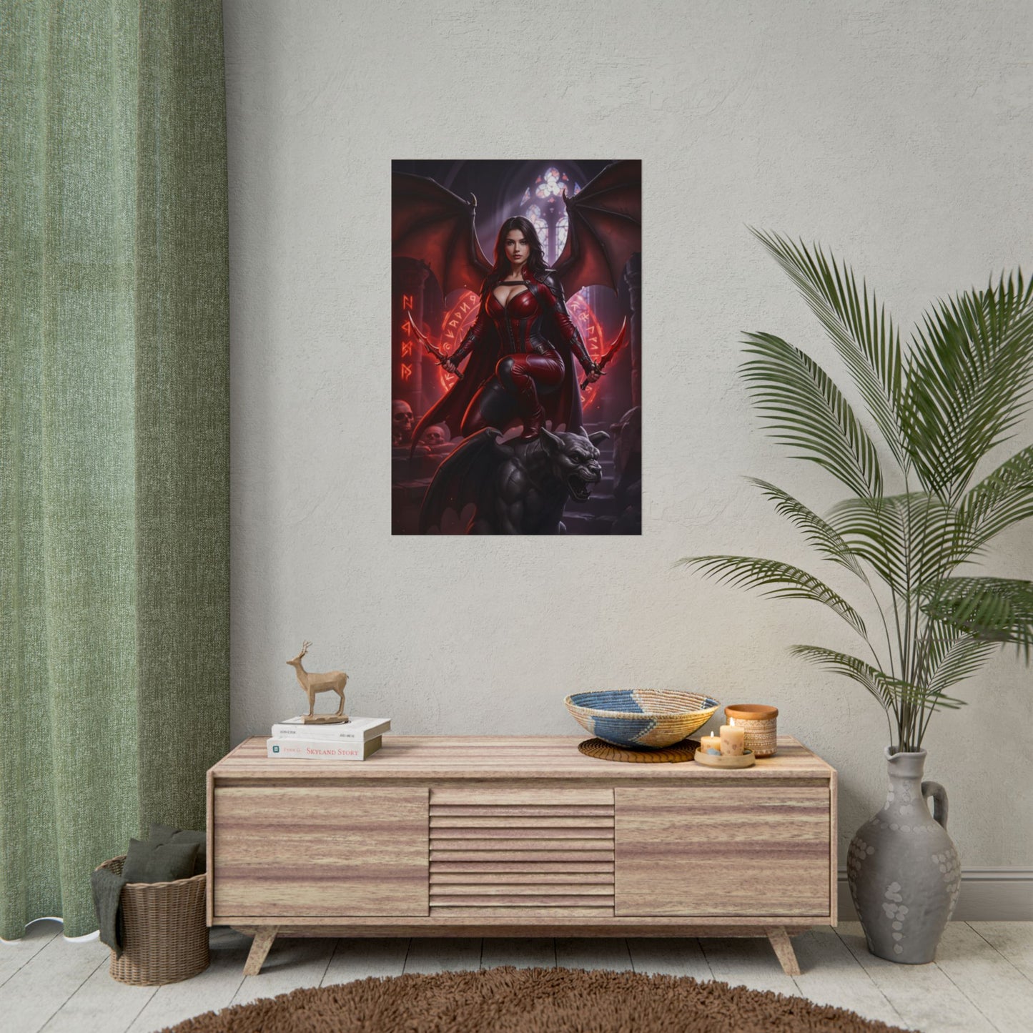 Nitara Mortal Kombat Poster – Iconic Vampire Warrior Heroine Wall Art showing dramatic red vampire warrior heroine poster in modern room