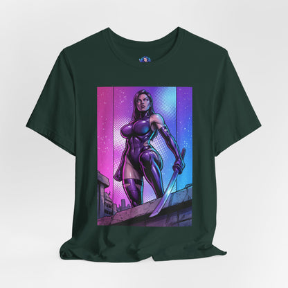 Psylocke T-Shirt | X-Men Anime Style Comic Tee - bold comic illustration of Psylocke in sleek bodysuit holding blade on Bella Canvas tee