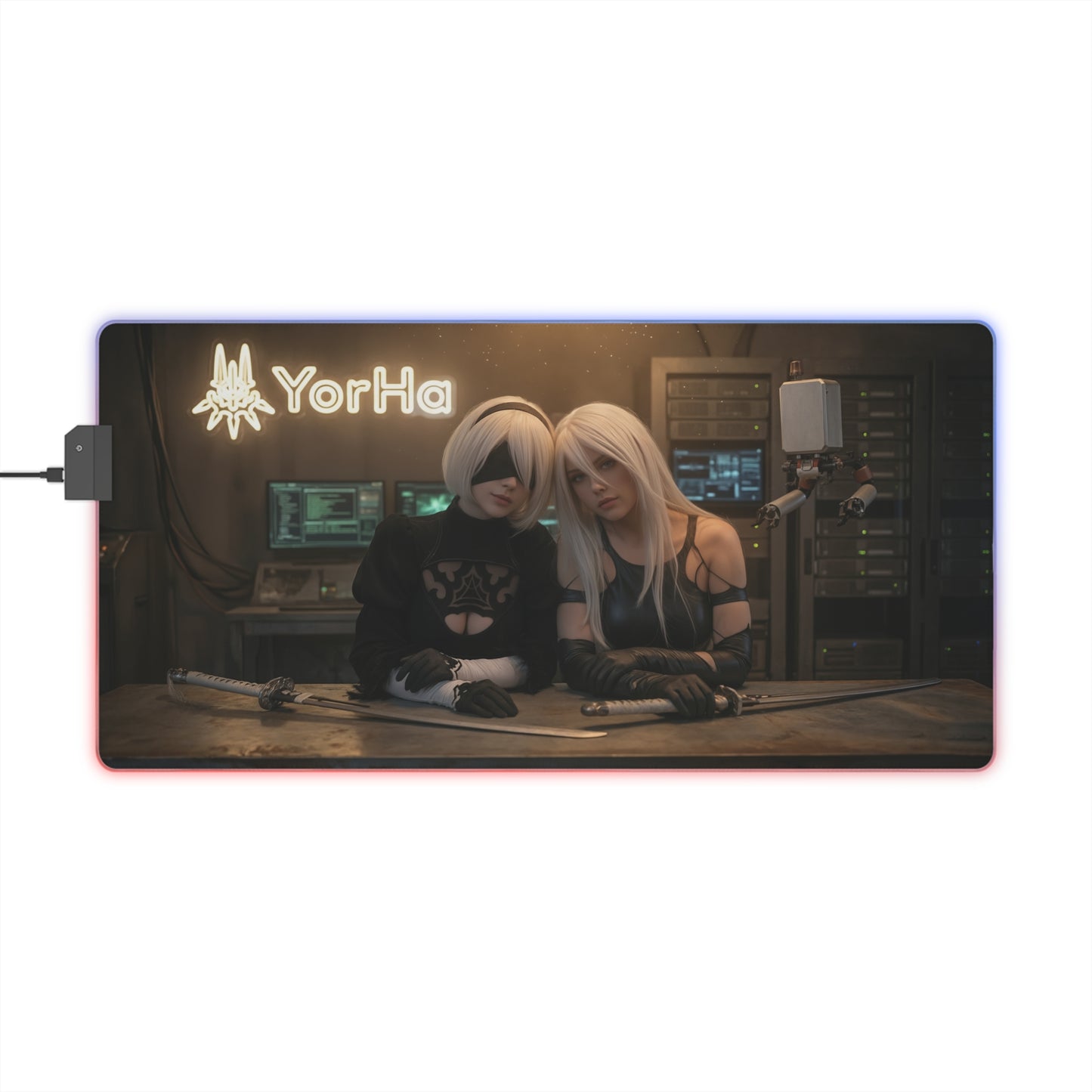 2B and A2 Desk Mat – LED RGB Pad, Waifu Android Anime Girl Gaming Setup