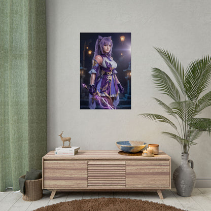 Keqing Poster, Genshin Impact Art Print – Iconic Electro Heroine Wall Art hung above modern gamer room console, purple Electro sword heroine art
