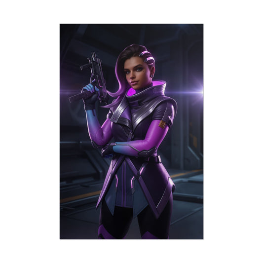 Sombra Poster, Overwatch Art Print – Iconic Hacker Heroine Wall Art featuring Sombra in purple cyberpunk outfit holding a tactical SMG