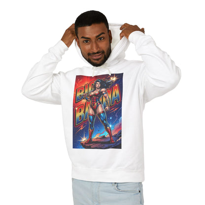 Big Barda Hoodie | DC Warrior Hoodie | New Genesis Champion Pullover white pullover featuring bold Big Barda graphic worn by smiling model