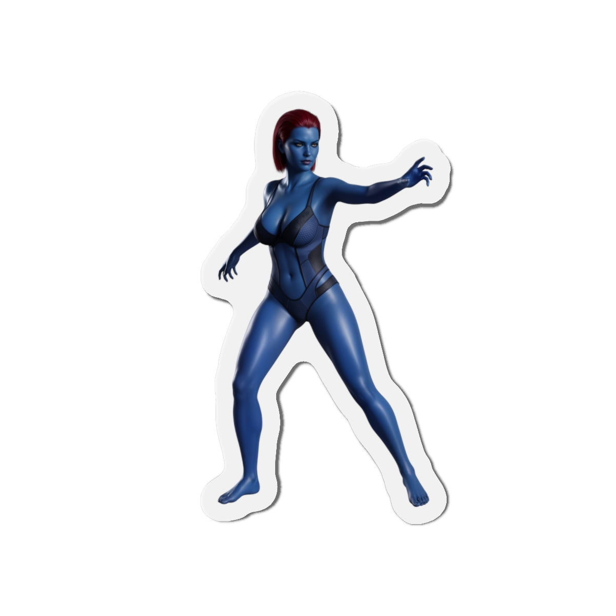 Mystique Magnet – Marvel Mutant Fridge Magnet, Anime Style Decor die-cut vinyl sticker showing blue Mystique in anime-style pose for fridge or locker