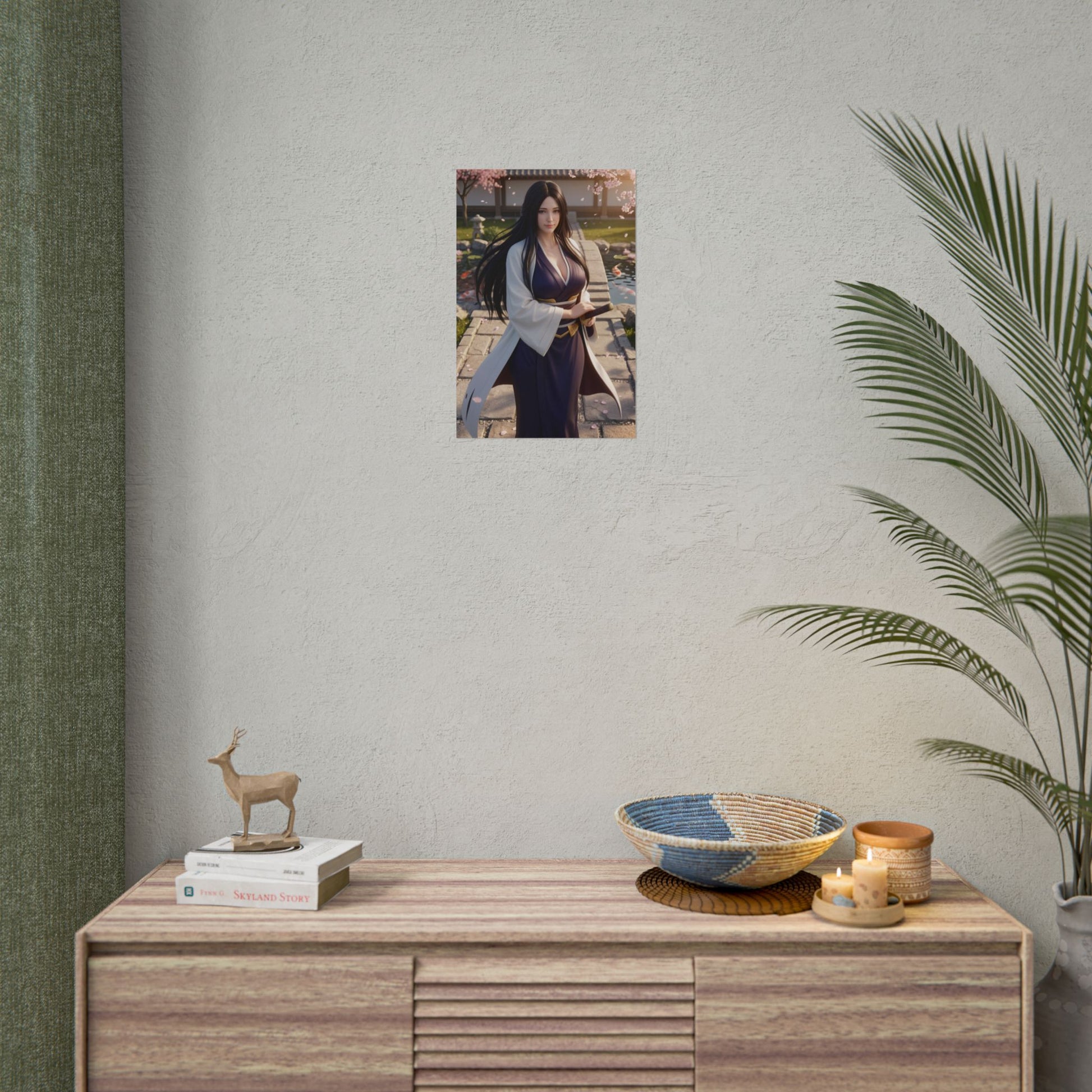 Unohana Retsu Poster, Bleach Wall Art Print – Anime Decor showing character poster above modern media room console