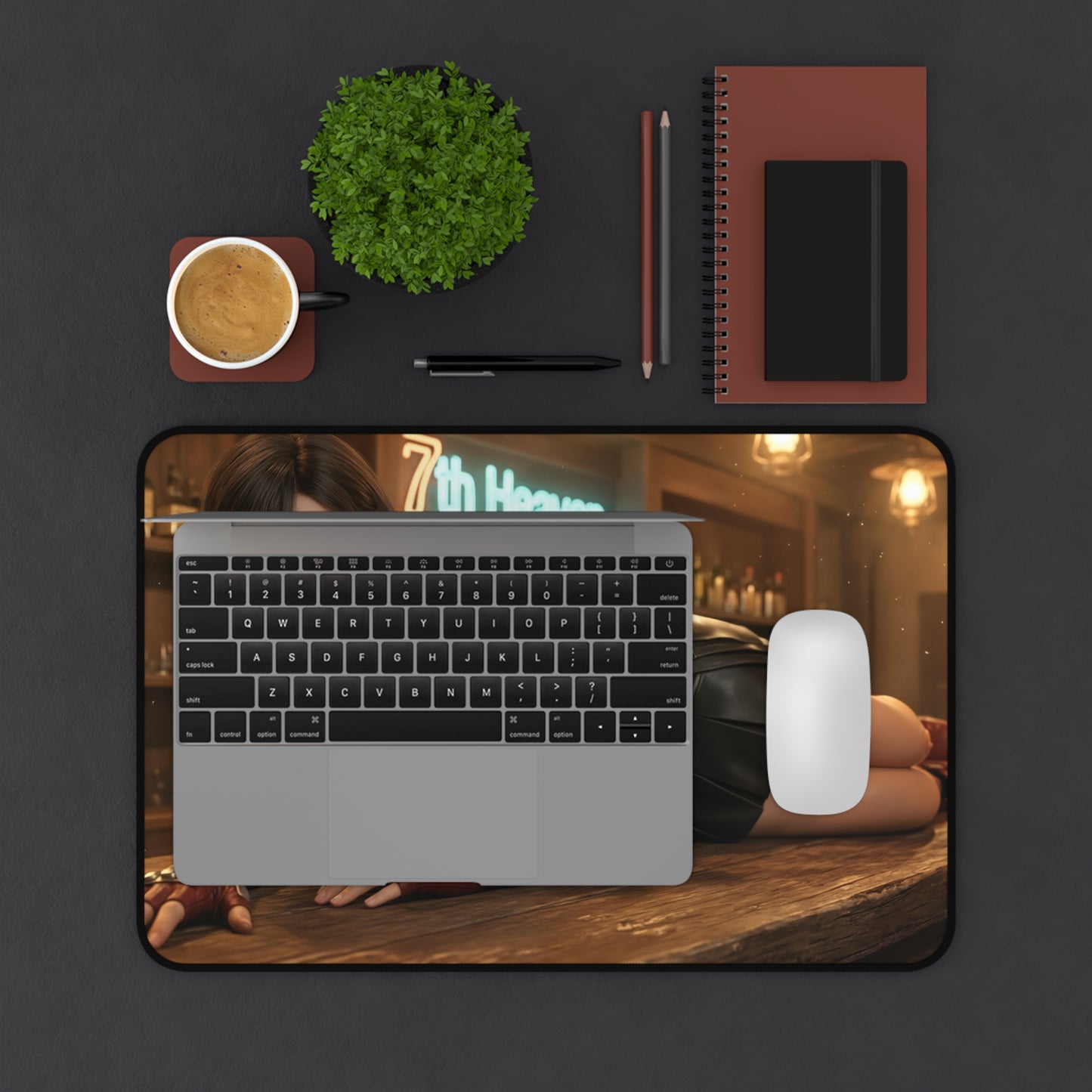 Tifa Lockhart Gaming Mouse Pad, Final Fantasy Desk Mat, RPG Heroine Setup - stylish desk mat showing Tifa artwork under laptop and mouse