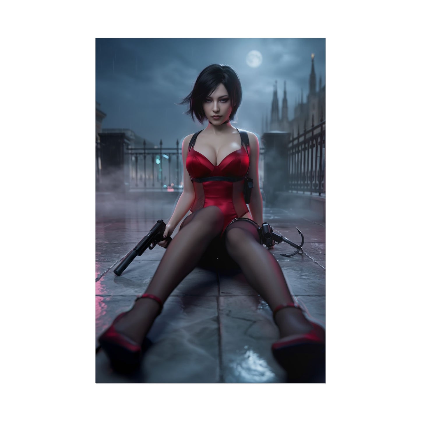 Ada Wong Poster / Ada Wong Wall Art / Ada Wong Art Print / Resident Evil Poster featuring cinematic night scene of Ada Wong in red outfit on wet gothic street
