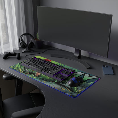 Cammy RGB Desk Mat, Fighting Game Gaming Mouse Pad, LED Desk Mat for Gamer Setup showcasing bold green military-inspired artwork and RGB glow on gaming desk