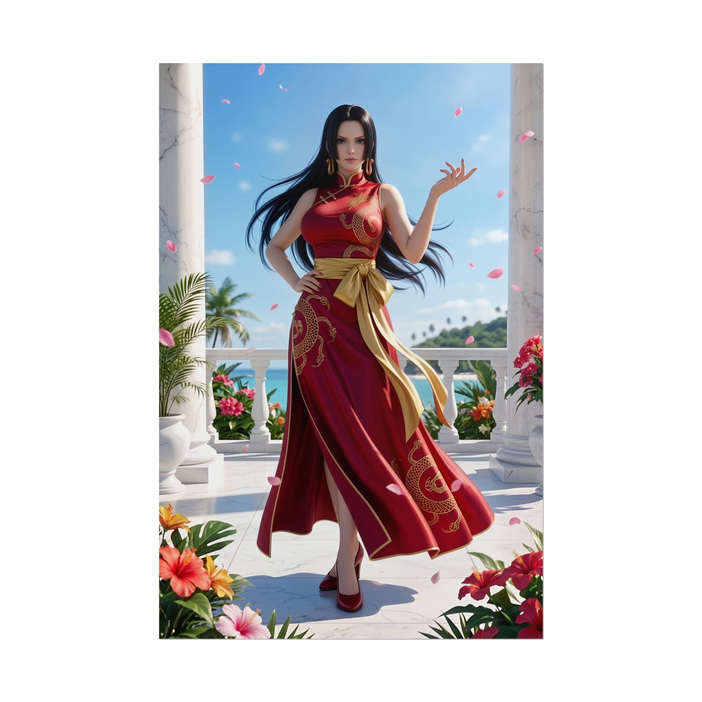 Boa Hancock Poster, One Piece Wall Art Print – Anime Collector Decor featuring Boa Hancock in red dress on tropical balcony