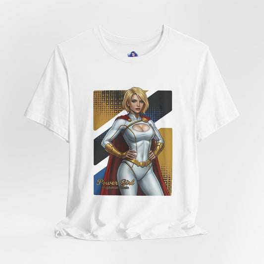 Power Girl T-Shirt | DC Comics Anime Tee for Gamers & Hero Fans - white Bella Canvas tee with anime-style Power Girl pose and bold graphic print